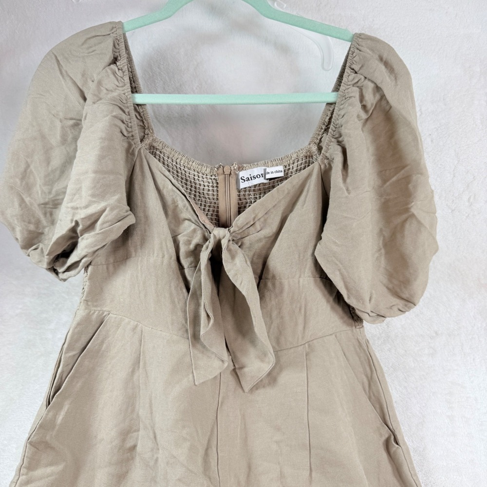 En‎ Saison Tan Linen Blend Puff Sleeve Wide Leg Jumpsuit Tie Front Smocked Back